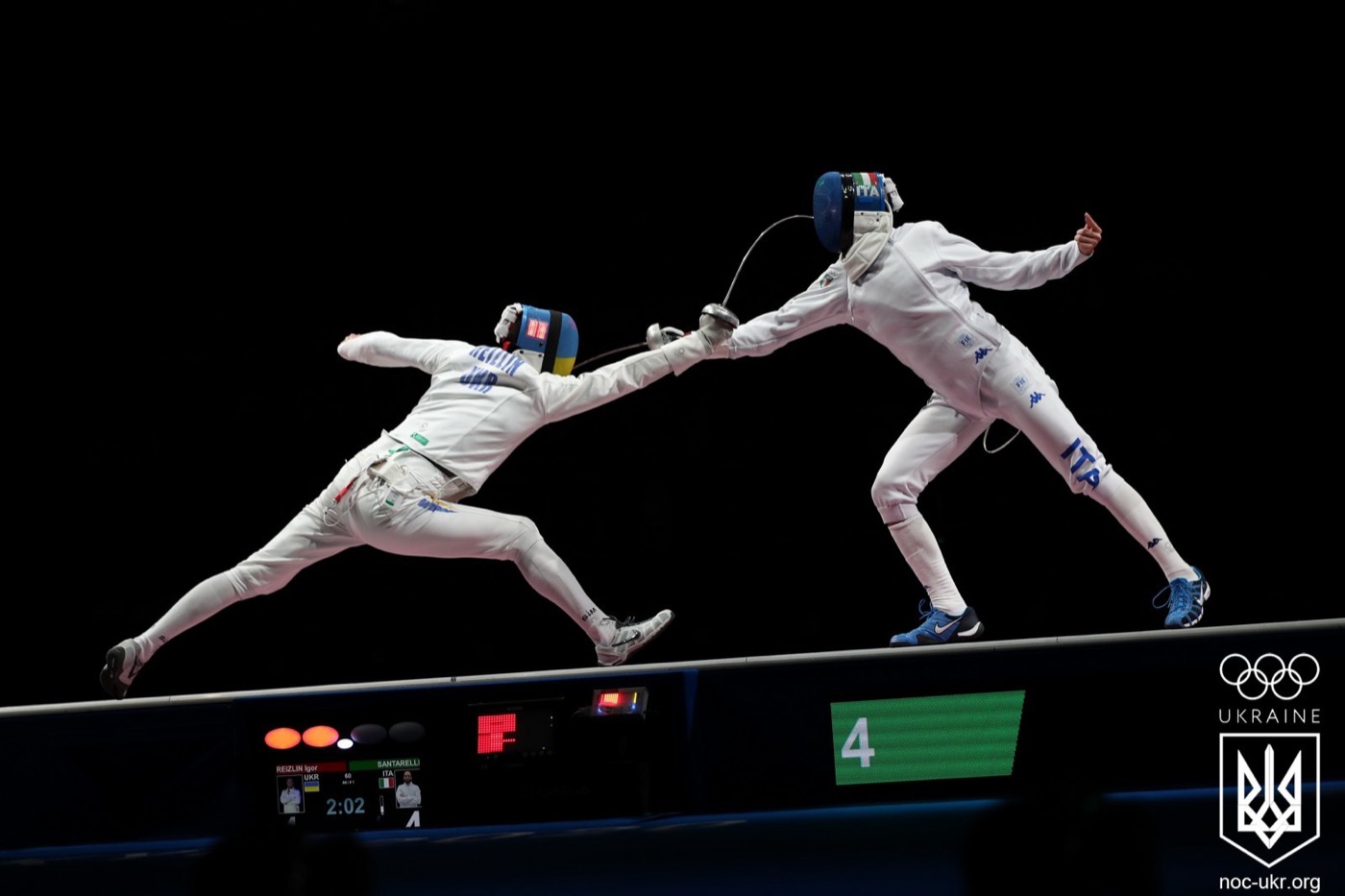 An epee bout at the Tokyo 2020 Olympic Games